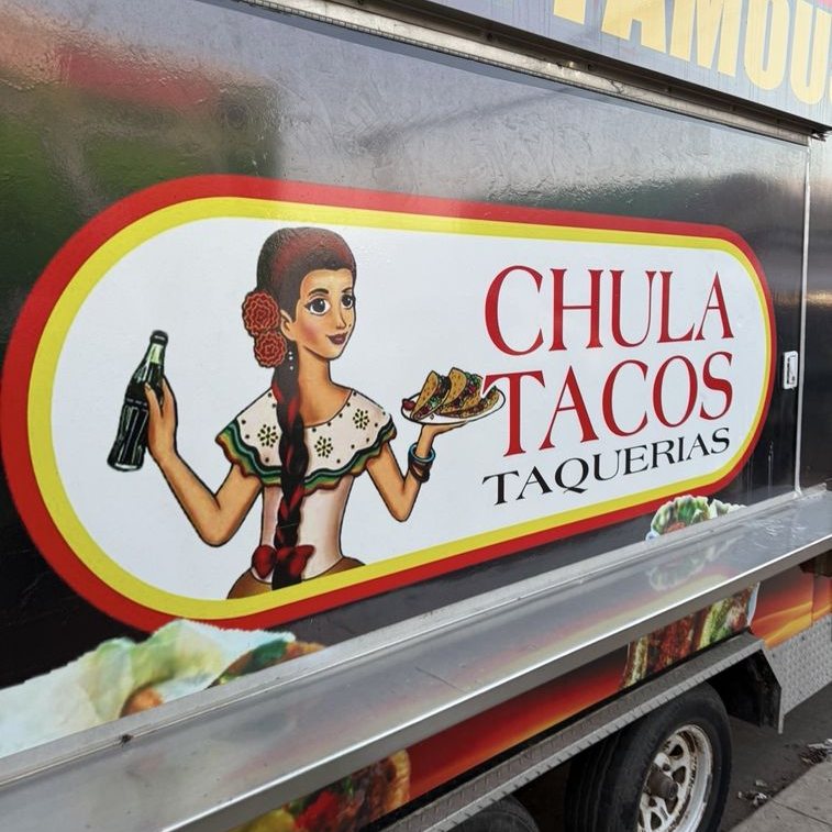 The Chula Tacos food truck with the taquera mascot logo